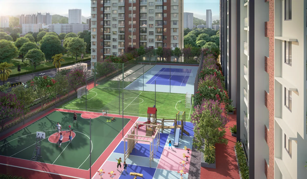 Prestige Park Street multisports court render configured for basketball, floodlit for evening play
