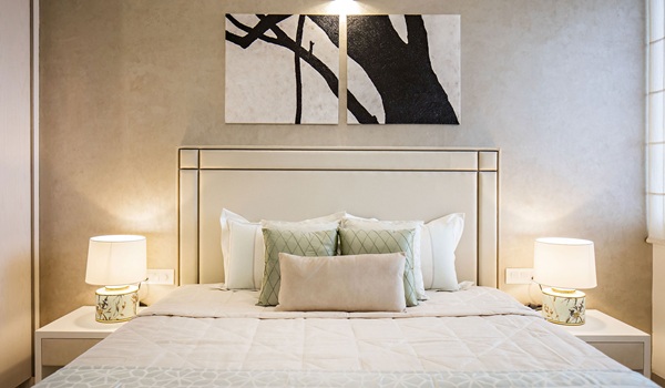 Prestige Park Street bedroom render with a queen bed and full-height wardrobe along the longer wall
