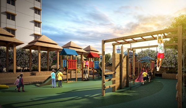 Prestige Park Street children's play area render with shaded equipment and soft-fall safety surfacing