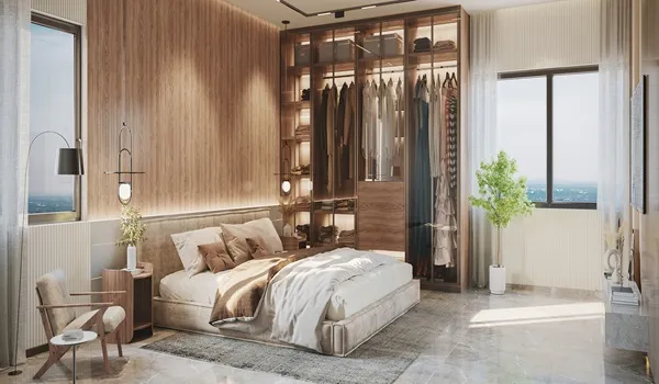 Prestige Park Street master bedroom render with king bed, wardrobe niche and attached bathroom beyond