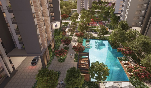 Prestige Park Street swimming pool render with the lap pool, deck loungers and clubhouse behind