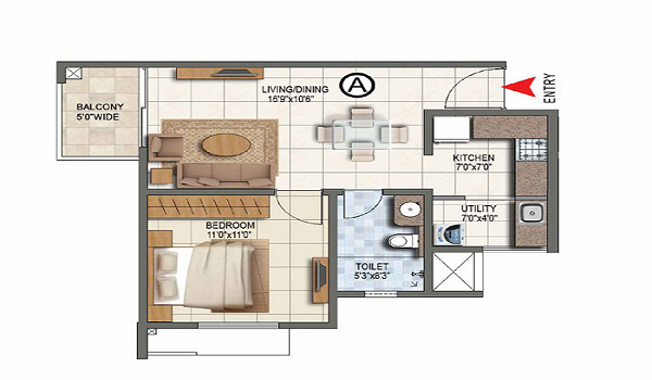 1 BHK, 685 sq.ft. floor plan at Prestige Park Street