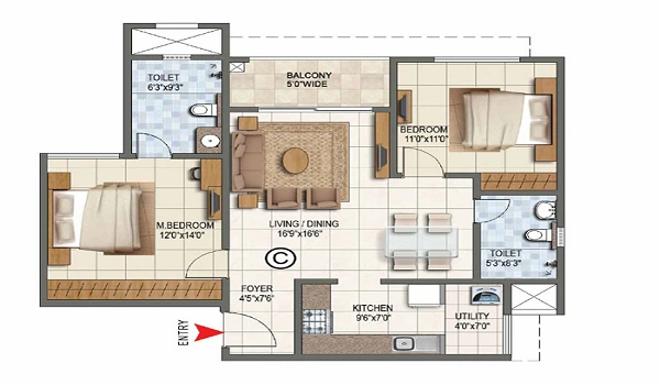 2 BHK, 845 sq.ft. floor plan at Prestige Park Street