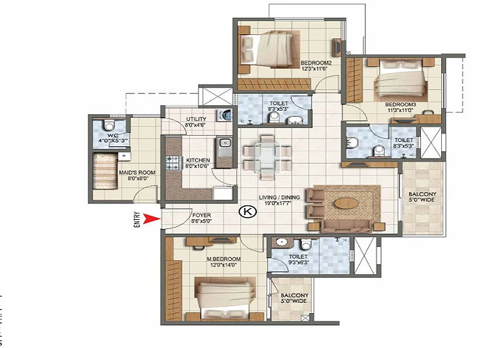 3 BHK, 1,250 sq.ft. floor plan at Prestige Park Street